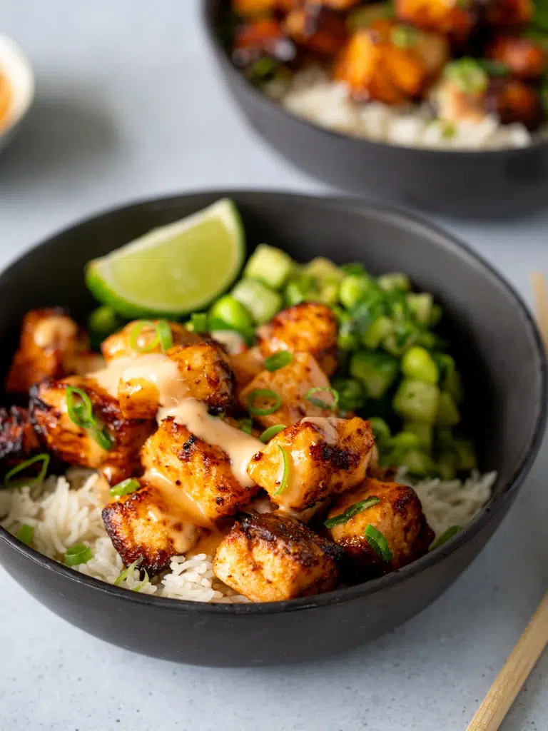 Crispy Bang Bang salmon pieces drizzled with creamy sauce, served in a black bowl.
