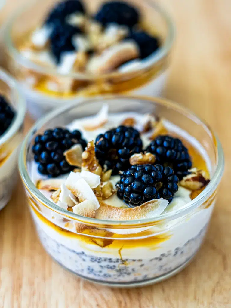Chia and oat pudding garnished with coconut flakes and blueberries in a glass container.