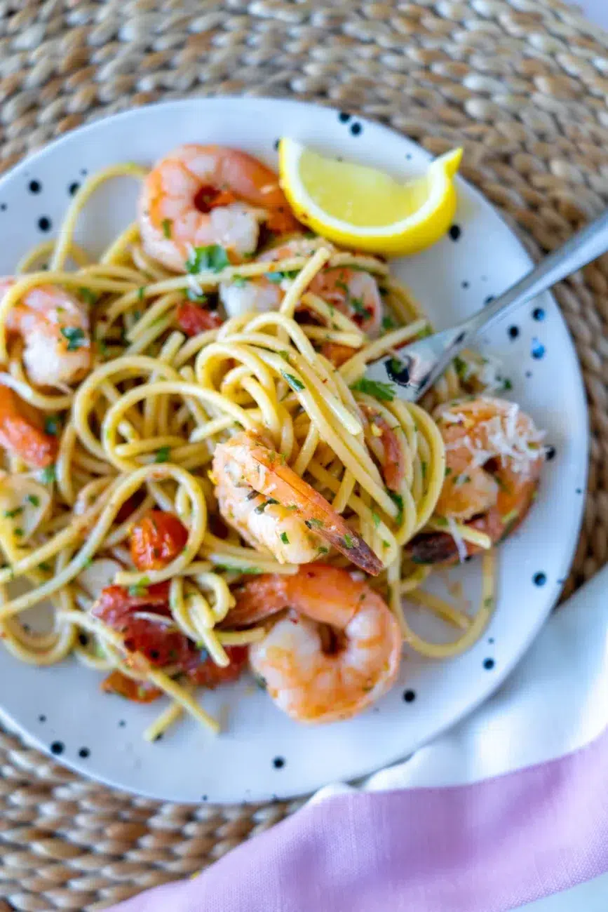 Garlic Prawn Olive Oil Spaghetti Twirled on Fork