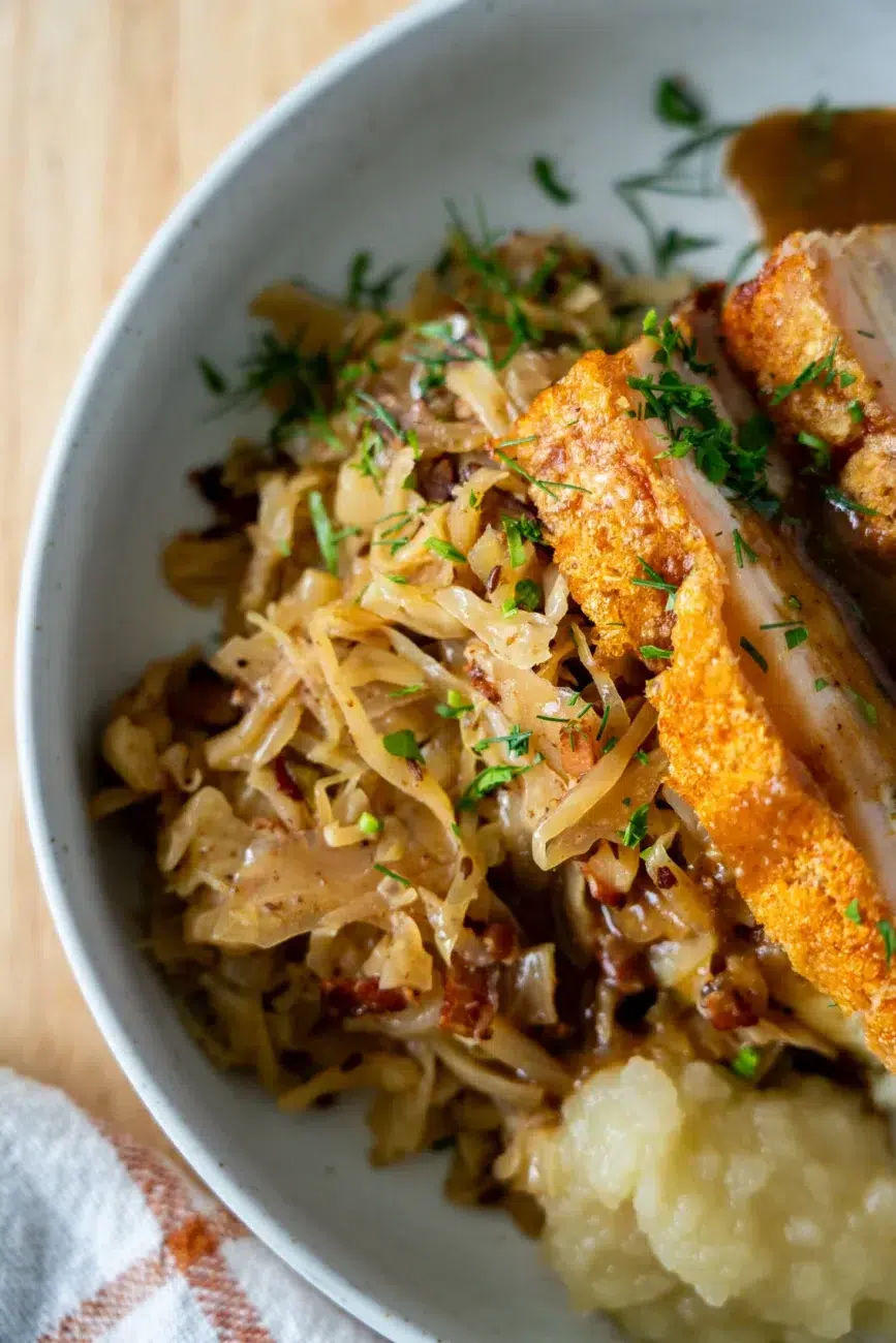 German-style Braised Cabbage with Roast Pork and Mash