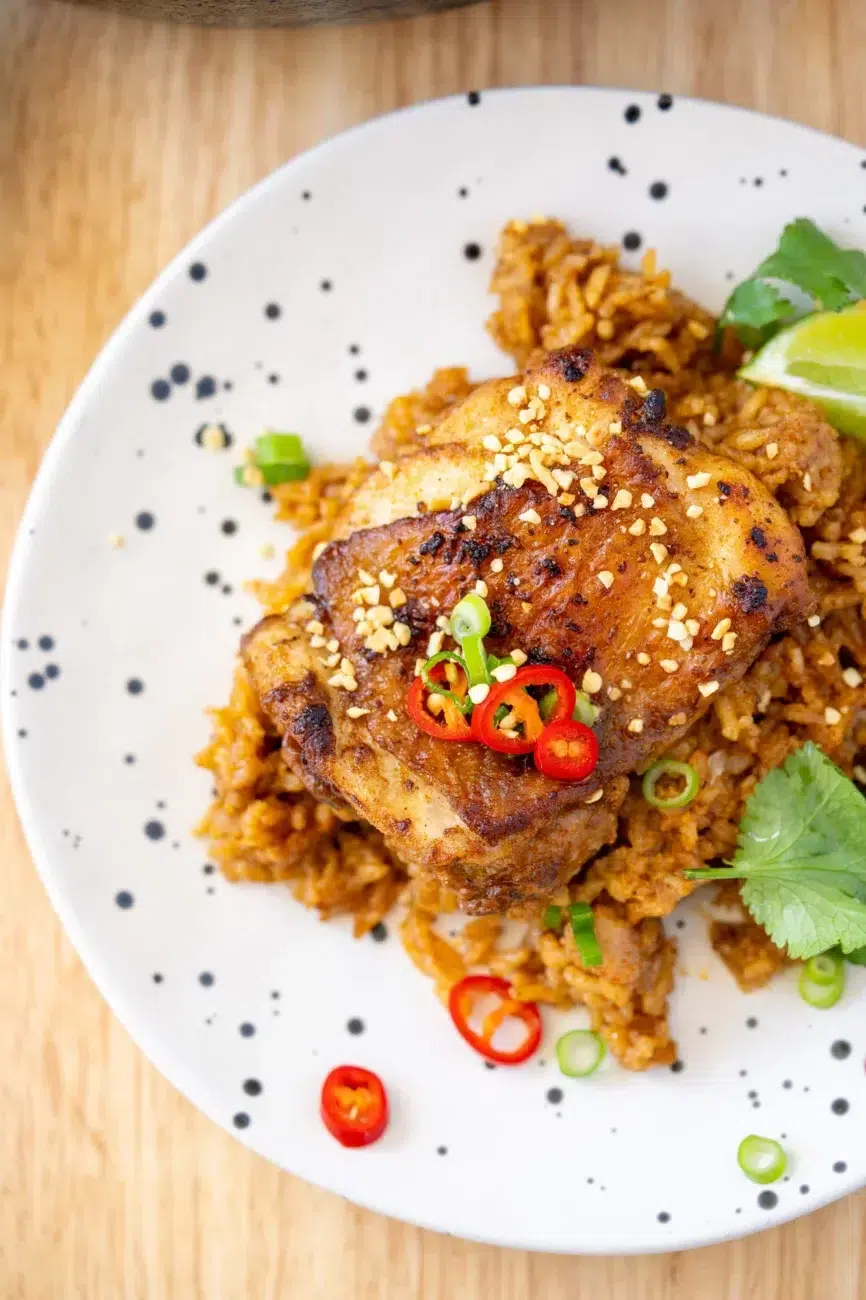 One-pan Peanut Chicken and Rice on Plate